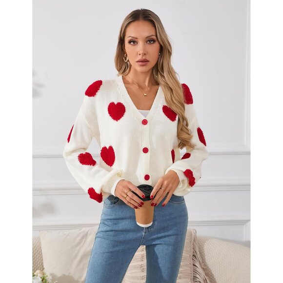 Women’s Cropped Heart Cardigan Lightweight V-Neck Button Spring Fall - Picture 4 of 7